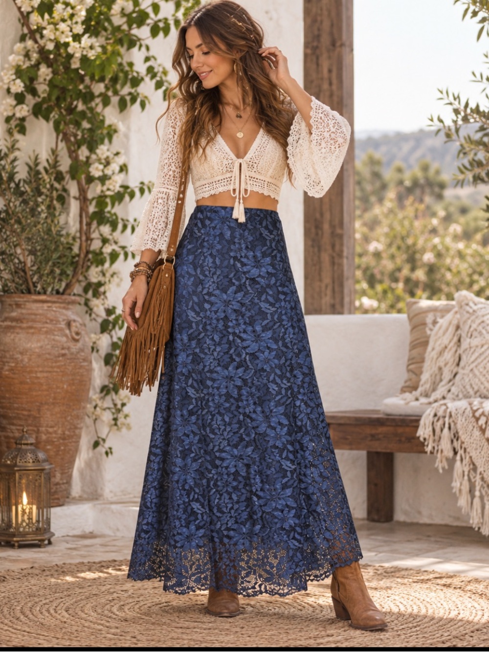Sundance Navy Lace Maxi Skirt with Floral Overlay Whimsigoth Boho Cottagecore